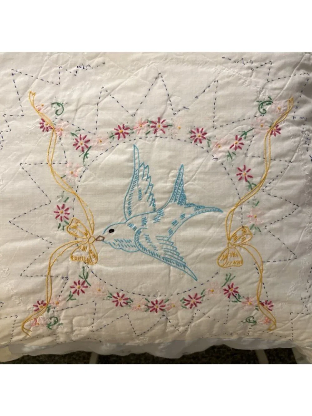 Vintage Quilt Bird Floral Wreath Handmade 74 inches wide x 98 inches long